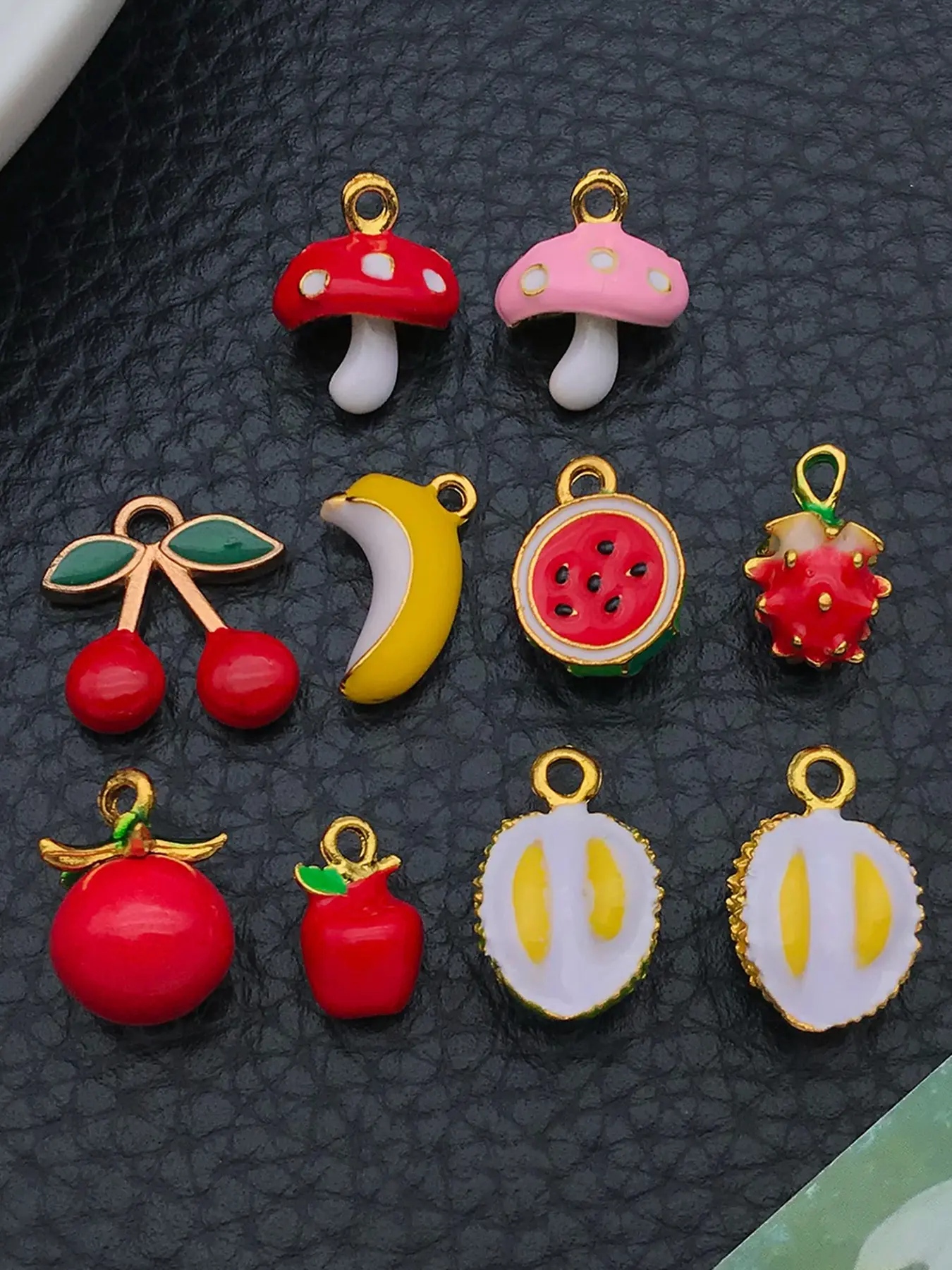 10pcs Fruit Mushroom Enamel Dangle Charms Watermelon Durian Strawberry Cherry Alloy Pendants DIY Jewelry Making Supplies for Bracelet Necklace Earring Handmade Crafts