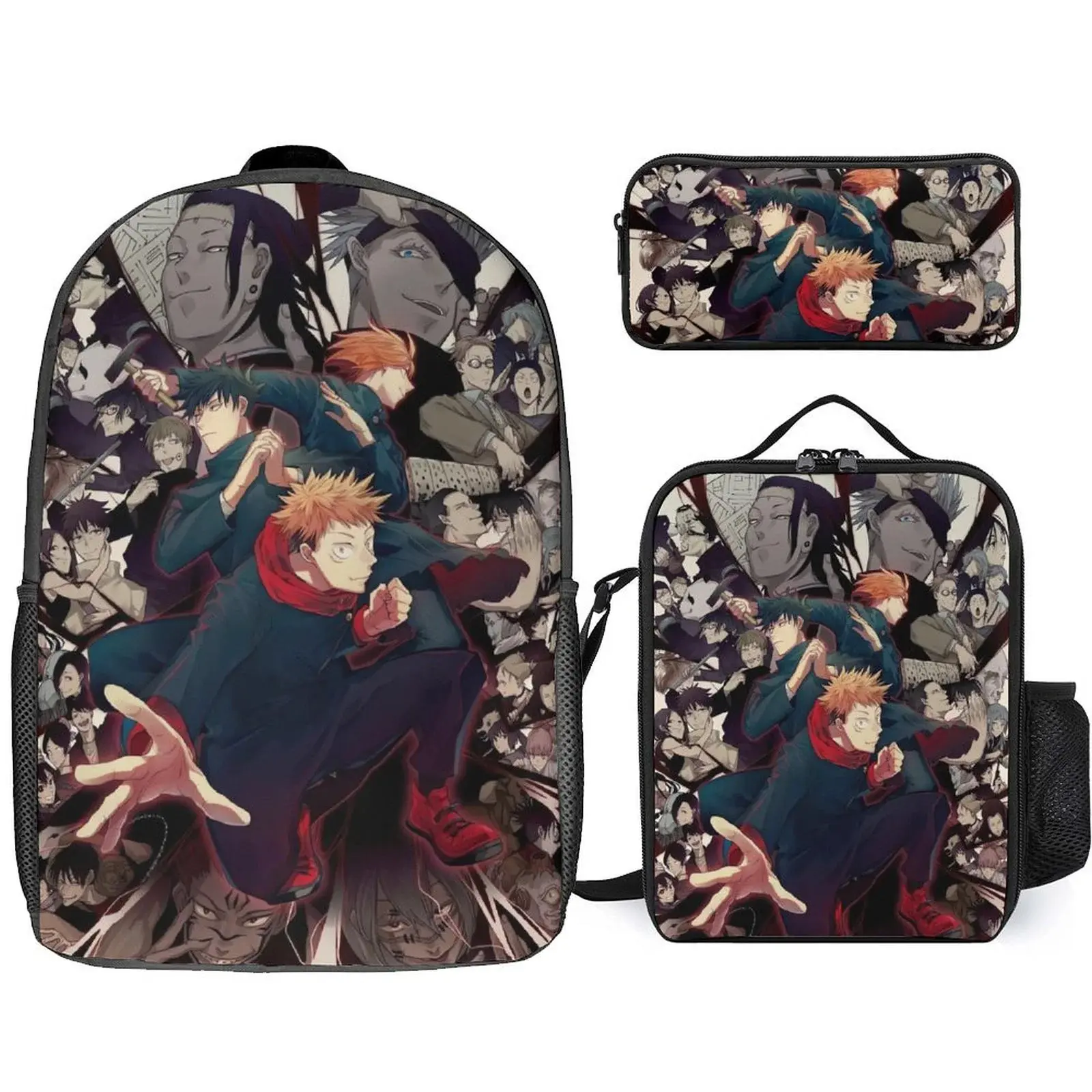 Jujutsu Kaisen Yuji Itadori Character Art Oxford Cloth 3-Piece Anime Decal Backpack Set for Adults - Back to School Haul, Adjustable Shoulder Strap, High-Capacity, Anti-Theft, Built-In Organizer, Lunch Box, Pen Box