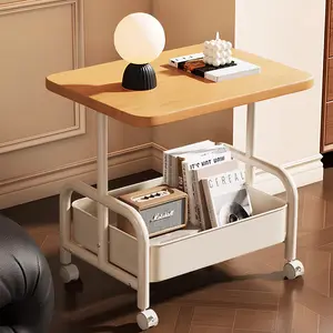 Portable Dual-Layer Coffee Table, Small Cart Side Table, Living Room Sofa Table with Wheels, Bedroom Storage Table, Multi-Functional Organizer
