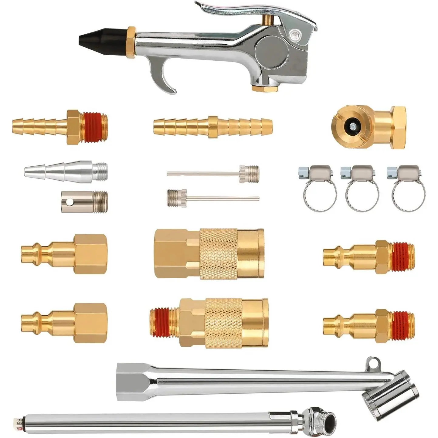 Air Hose Fittings 1/4 Inch NPT Brass Quick Connect Coupler and Plug, 20 count Air Compressor Accessory Kit with Blow  and Tire Gauge, 10-50 Psi, Ball Foot Chuck