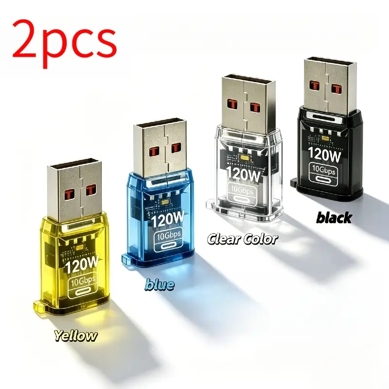 2Pcs Type-C Male to USB 3.2 Female Adapter, 120W Fast Charging 10Gbps High Speed Data Transfer Converter, Yellow/Blue/Clear/Black Transparent Shell Optional