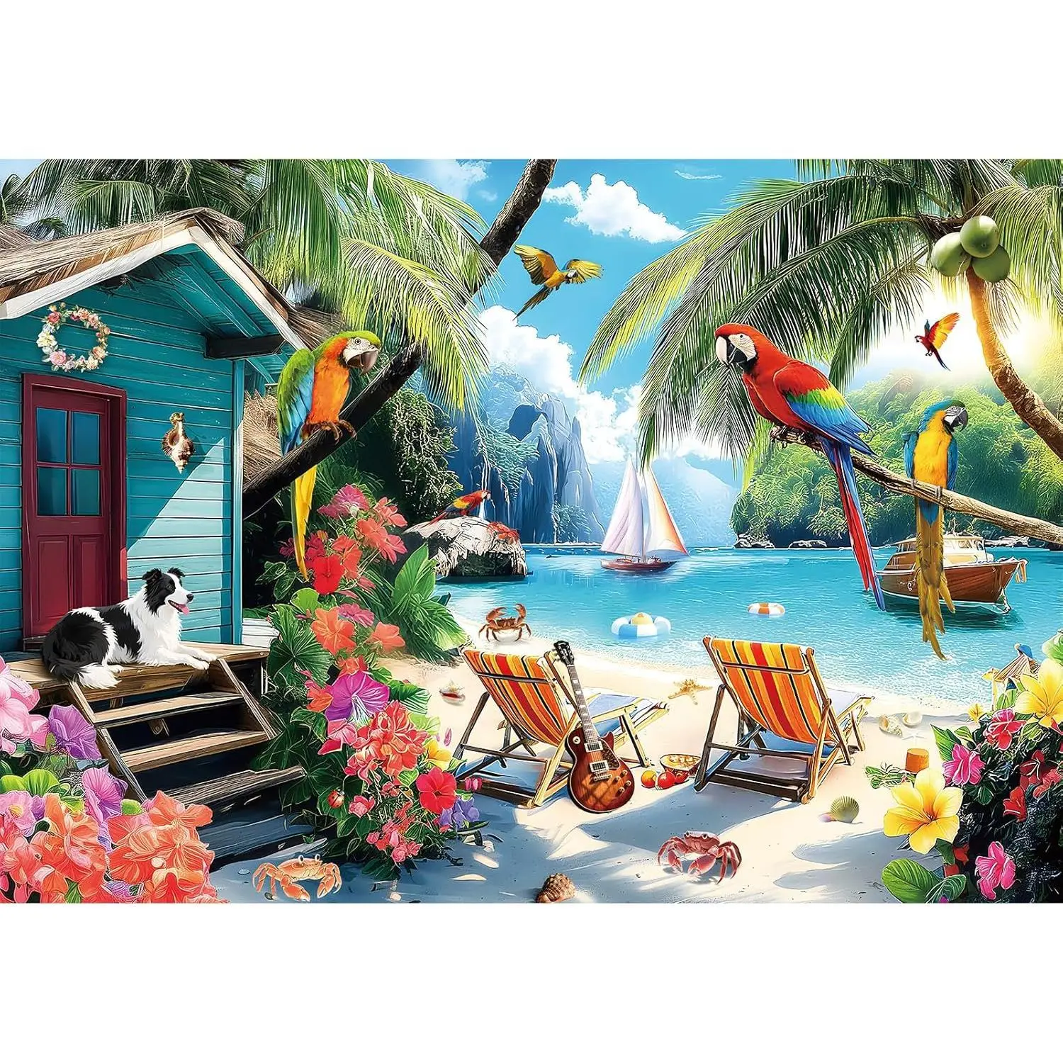 1000 Piece Puzzle for Adults, Puzzles for Adults 2000 Pieces, Summer Beach Parrots Dog Jigsaw Puzzles, Challenging Puzzle Perfect for Game Nights, 39" X 28"