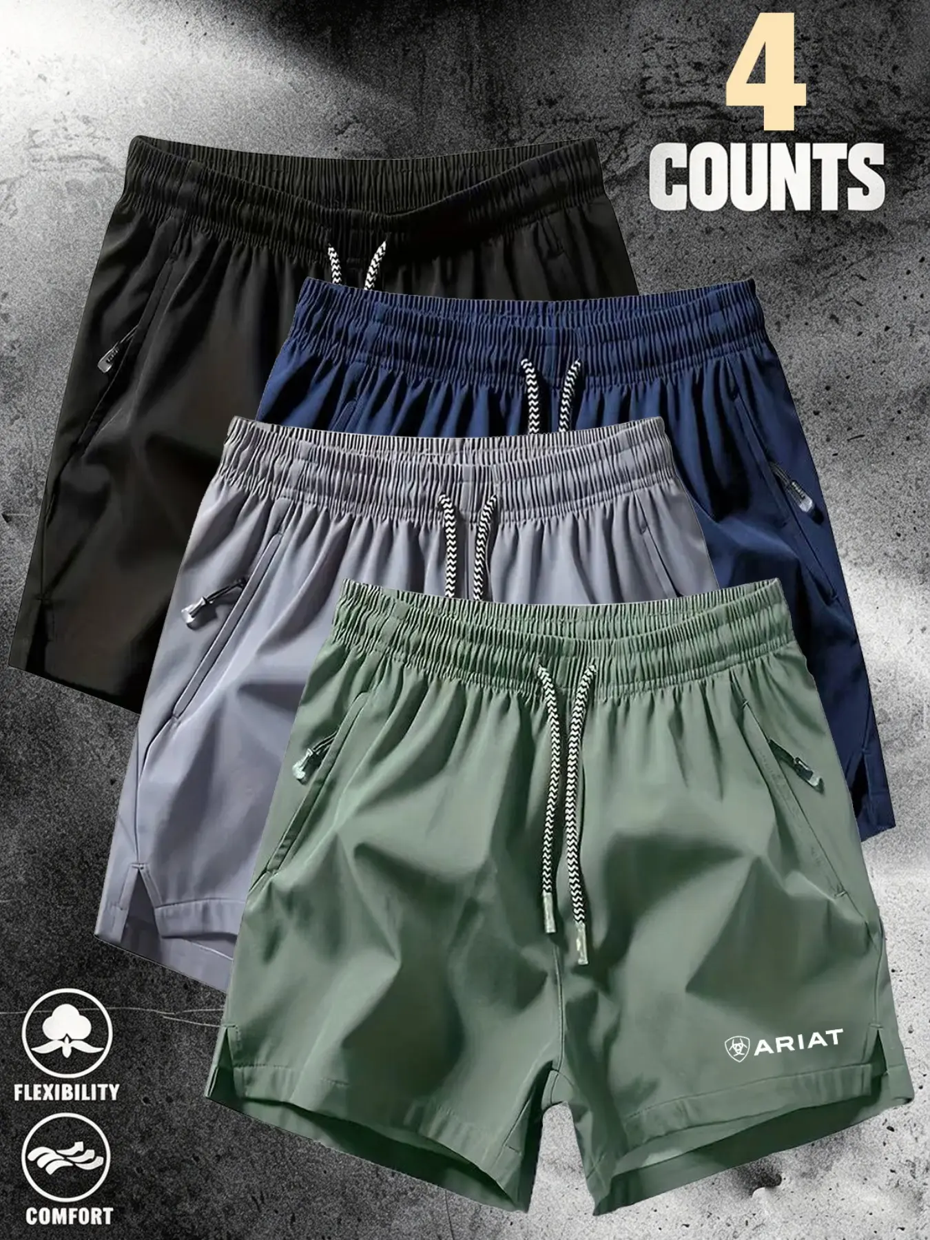 Men's Ice Silk Quick-Dry Shorts, 4-Pack, Letter Icon Print, Drawstring Waist, Zip Pockets, Outdoor Running, Casual Fitness, All Seasons