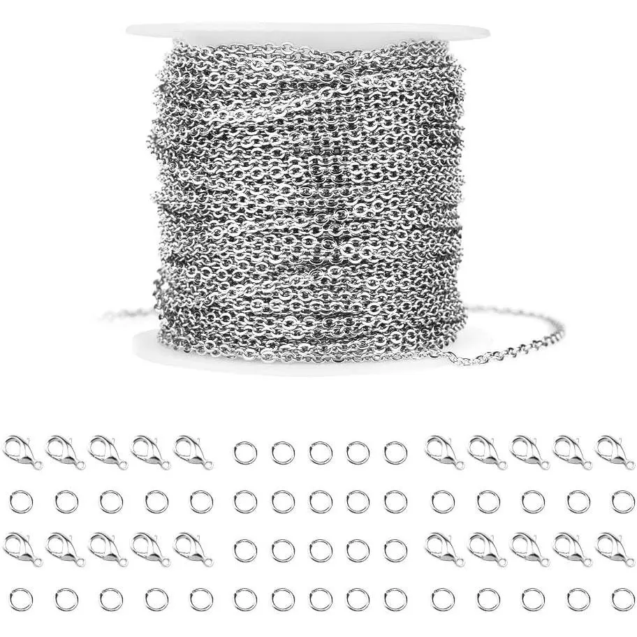 2.0mm Stainless Steel Link Chain Kit - 36 Chains, 20 Lobster Clasps, 30 Jump Rings for DIY Jewelry Crafting (Men, Women)