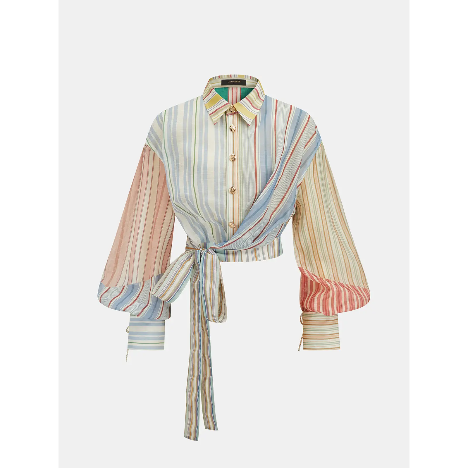 Semi-Sheer Rainbow Striped Tie Waist Blouse