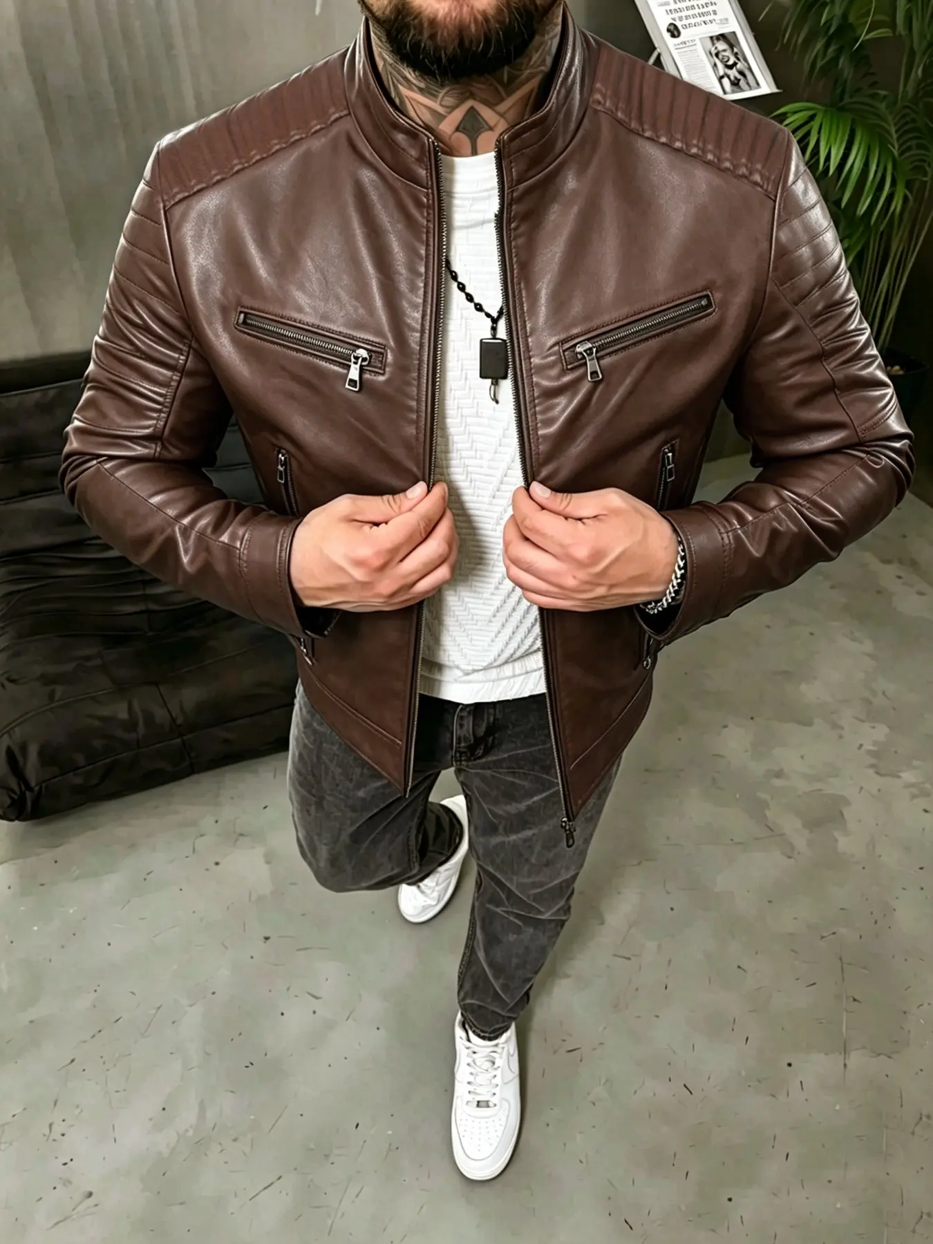 Men's Artificial Leather Jacket, Plain Color Motorcycle Coat, Slim-Fit Zipper Outerwear, Casual Fall & Winter Fashion