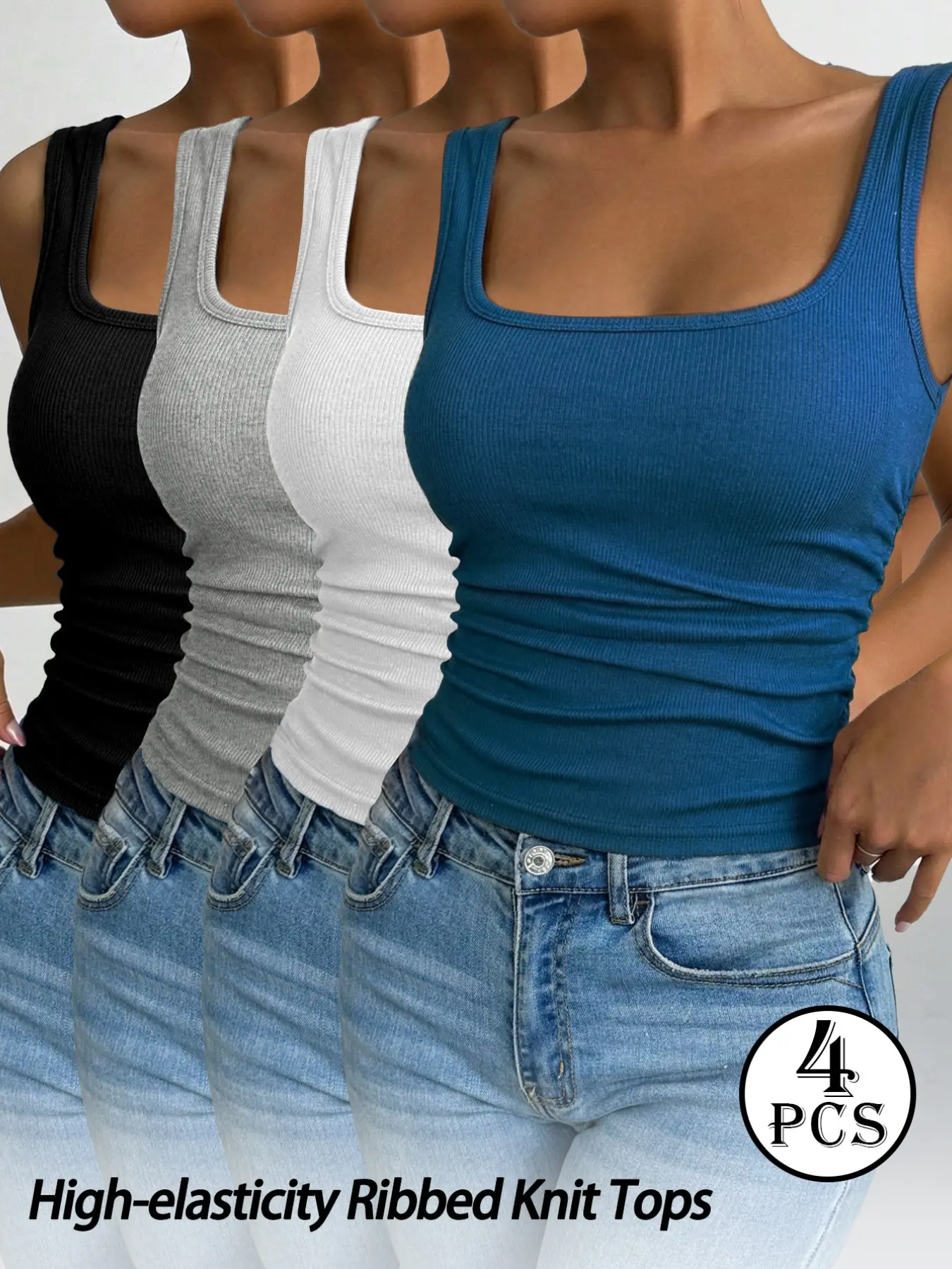 Women's Square-Neck Ribbed Knit Tank Top (4-Pack): A high-stretch, slim-fit basic camisole featuring wide straps—a sleeveless layering piece perfect for casual everyday wear in summer and autumn.