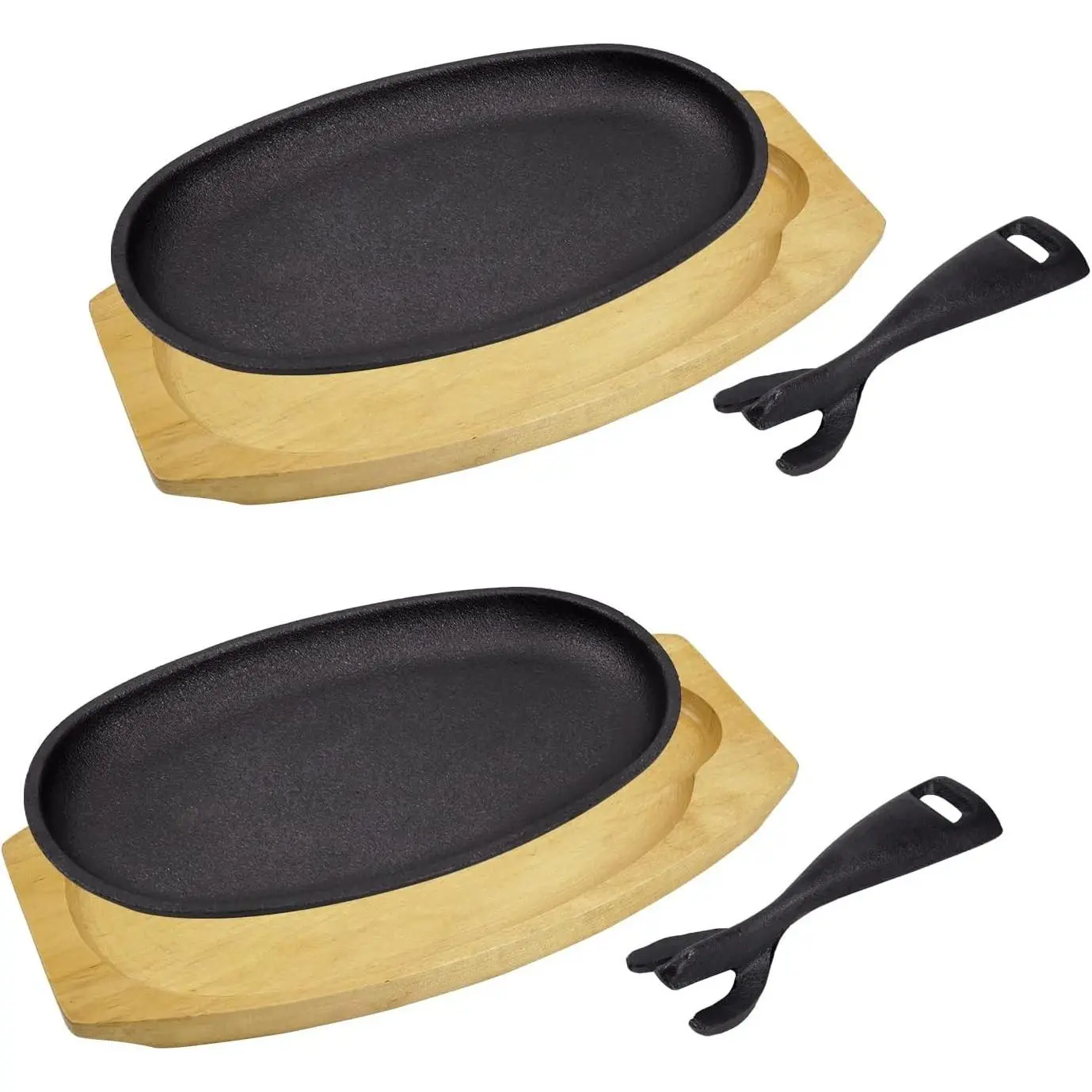 DVK 2 Set Cast Iron Skillet Sizzling Plate With Wooden Base Fajita Skillet With Removable Handle For Home Barbeque Kitchen Service