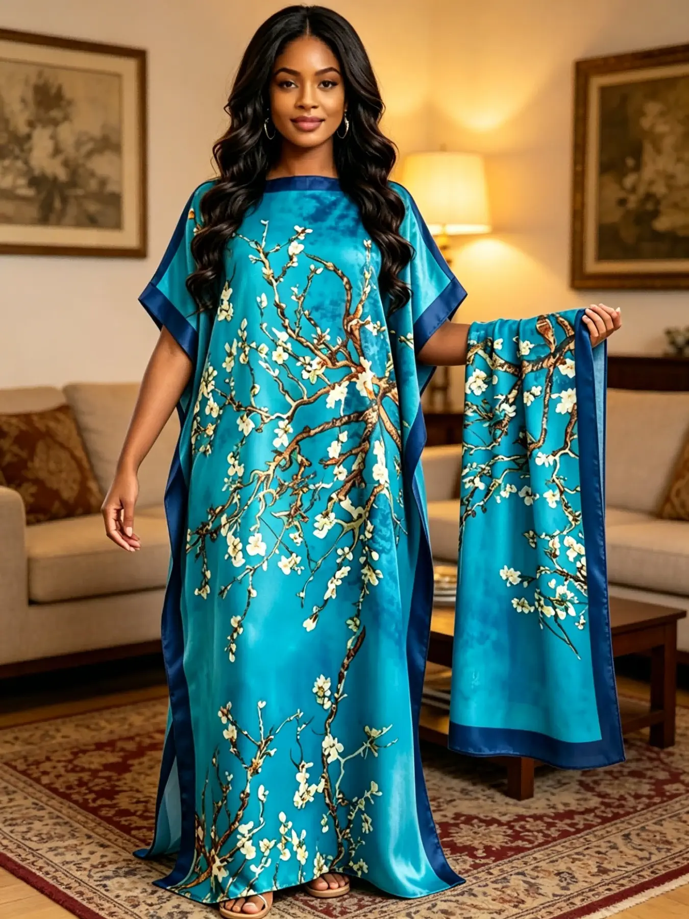Women's Long Robe Two-Piece Set, Velvet Kaftan Sleepwear Loungewear, Blue Vincent Van Gogh Apricot Flower Art Print, Oversize Loose Fit, Home, Beach, Vacation