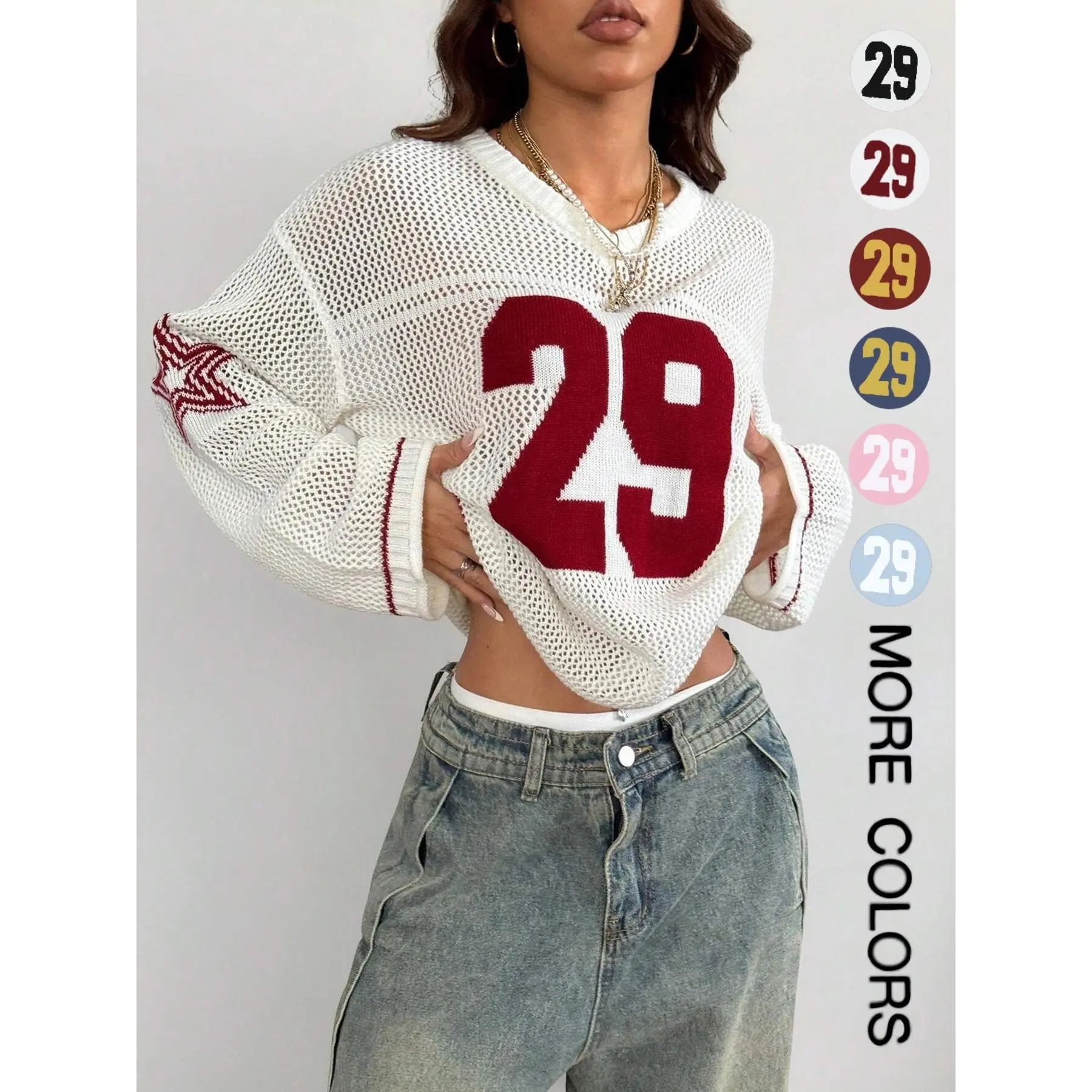 Y2K Oversized Number Graphic Knit Sweater, Hollow Football Jersey Style Pullover, Vintage Aesthetic Streetwear Unisex Couple Outfit