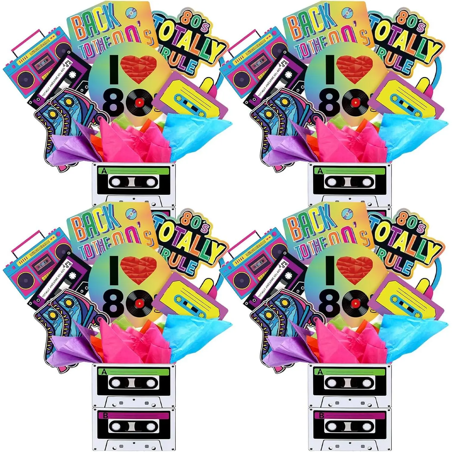4 Set 80's Party Table Centerpiece Decorations Include Cassette Tape Bucket Centerpiece Sticks Table Toppers Photo Booth Props with Paper Decor for Party