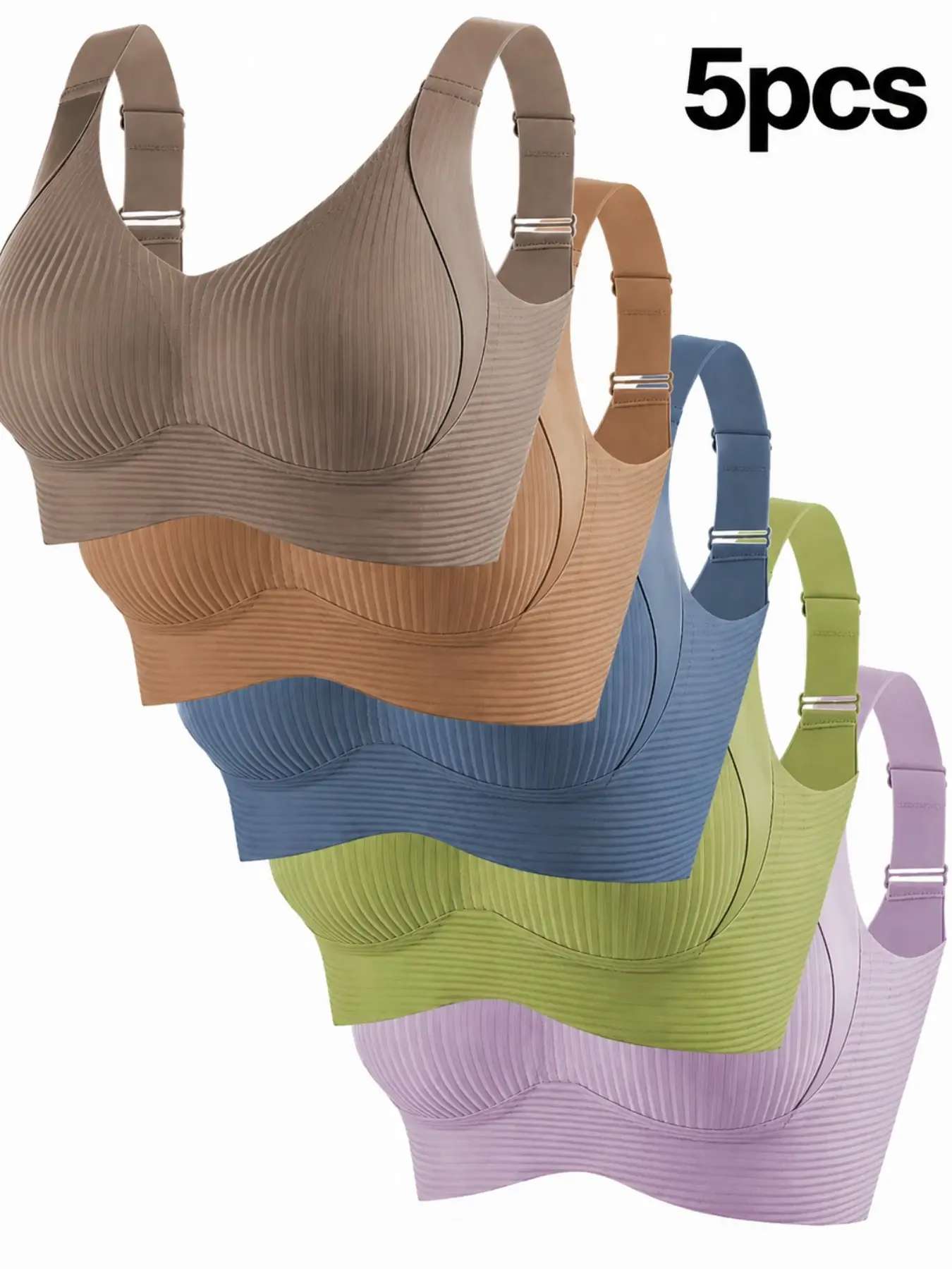 Women's Everyday Casual Comfort Bra Collection, 5 Pack Wireless Full Coverage Bras, Seamless Ribbed Texture, Adjustable Straps, Flexible Stretch Fabric, Soft Support for Daily Activities, Basic Underwear