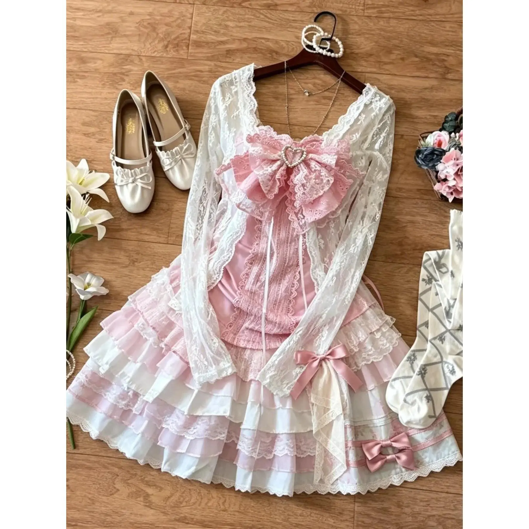 2026 Women Vintage Summer Japanese Style Kawaii Lolita Dress Sweet Lace Bow Ruffles Cake Dresses Harajuku Y2k Slim Bandage Dress