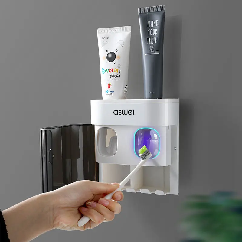 Fully automatic toothpaste dispenser set, press-type household squeezer set, no-drill bathroom storage rack and toothbrush holder, Toothpaste Squeezers