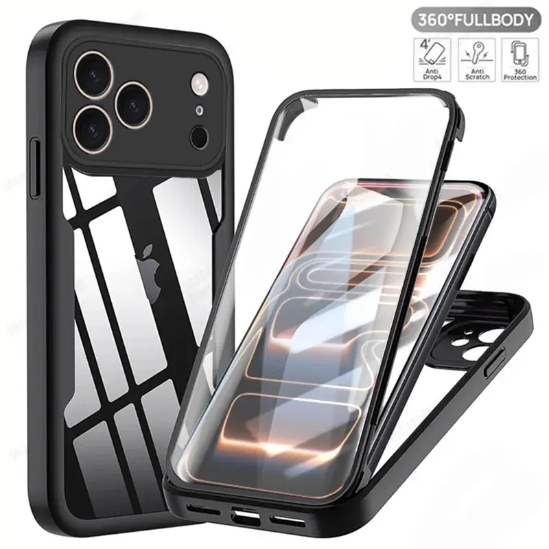 360° Full Body iPhone Case with Built-in Screen Protector, Shockproof TPU Bumper & Acrylic Back, TPU Plastic Cover Fits iOS iPhone Series Multi-Model (17 Air, 17, 16E, 16, 15, 14, 13, 12 Pro Max Plus), Screen Guard
