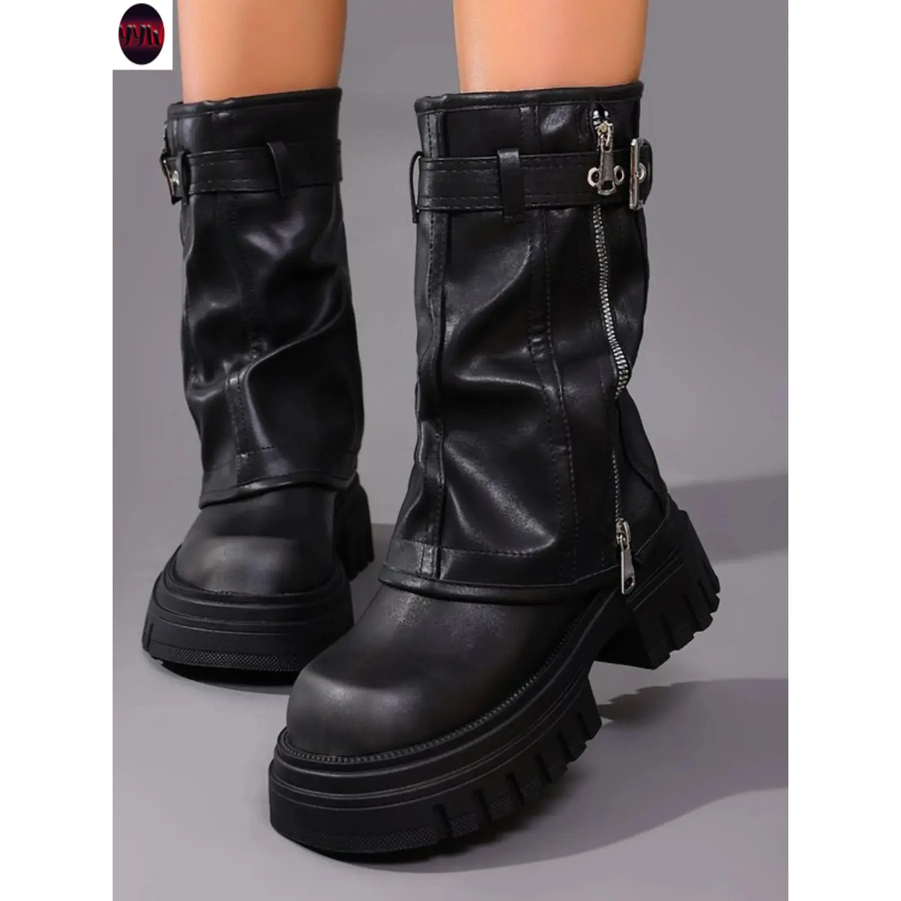 YYW1 Women's Thick Sole Side Zipper Short Boots, Motorcycle Style Platform Work Boots, Casual PU Leather Rubber Sole, All Seasons, Biker Boots