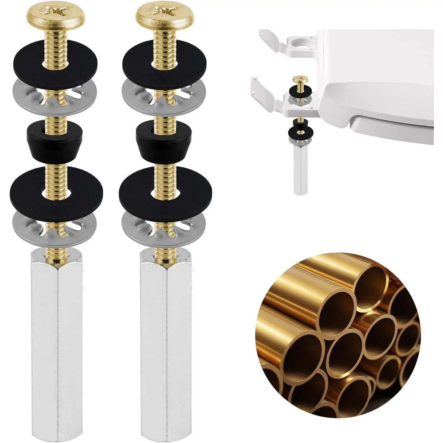 Solid Brass Toilet Seat Screws, 2 count Metal Toilet Seat  | Heavy Duty Toilet Floor Locking Bolt Screw  with Stainless Steel Downlock Nut & Anti-Slip Gaskets, Easy to Install