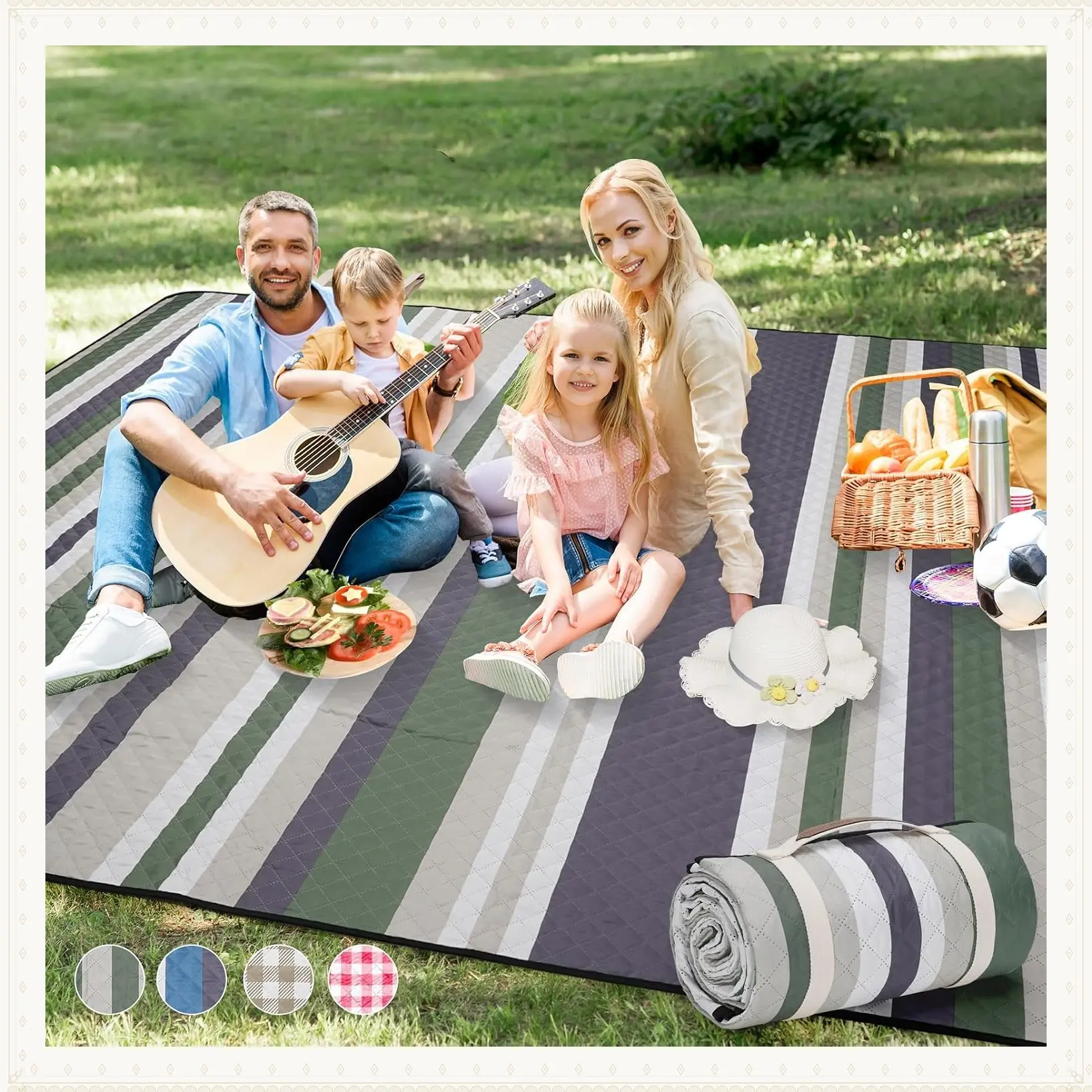 Extra Large 80"x80" Outdoor Picnic Blanket - Portable Waterproof 3-Layer Foldable Mat with Sandproof Backing, Machine Washable for Grass, Park, Hiking, Concerts (GreenStrip)Gift