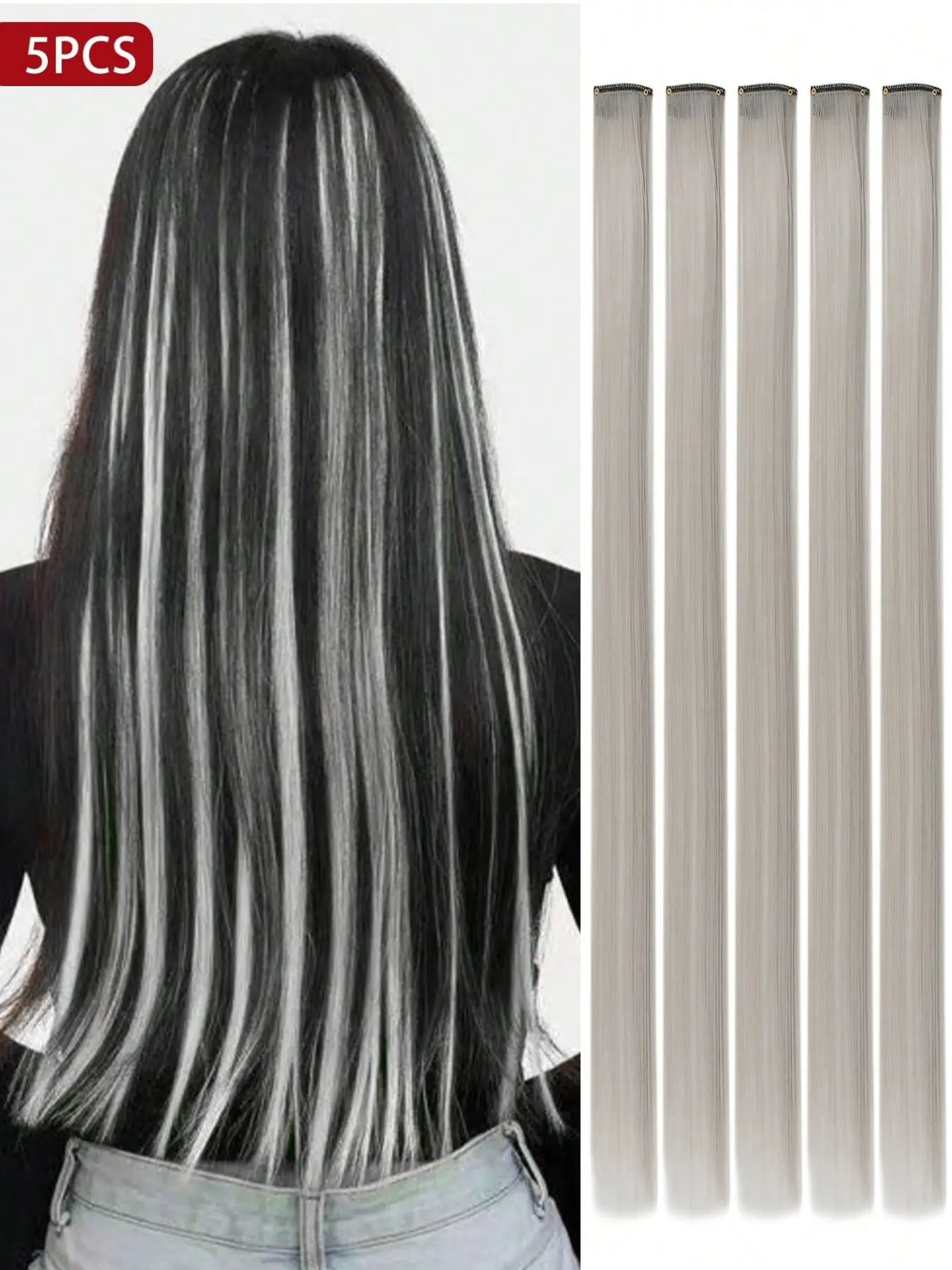5pcs Synthetic Long Straight Clip-In Extension Hair, 20 Inches Grey Color Hair , Perfect Artificial Hair Extension for Women Used Daily ,Party,Cosplay,New Year, Carnival, Music Festival, Halloween, Christmas Party Gifts