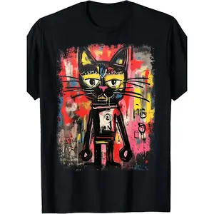 Pop Art Graffiti Cat T-Shirt Featuring an Abstract Design, Suitable for Both Men And Women, Perfect for Summer with Short Sleeves And a Weight of 180G