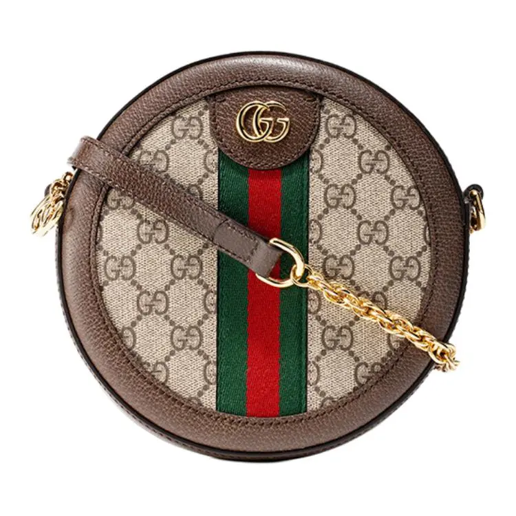 Gucci Ophidia Mini Round Bag with GG Logo Webbing, Canvas and Leather, Ebony and Brown, Women's Crossbody and Shoulder Bag
