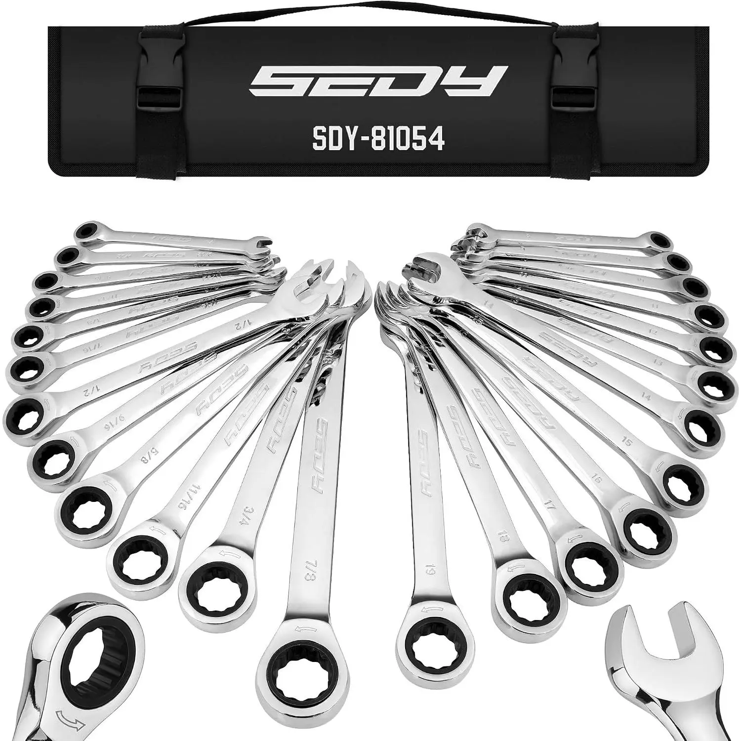 24- Ratcheting Wrench Set, SAE & Metric Combination Wrenches, 8-19mm / 1/4"-7/8", 72- Ratchet Spanners, Chrome Vanadium Steel with Roll-Up Pouch for Mechanics