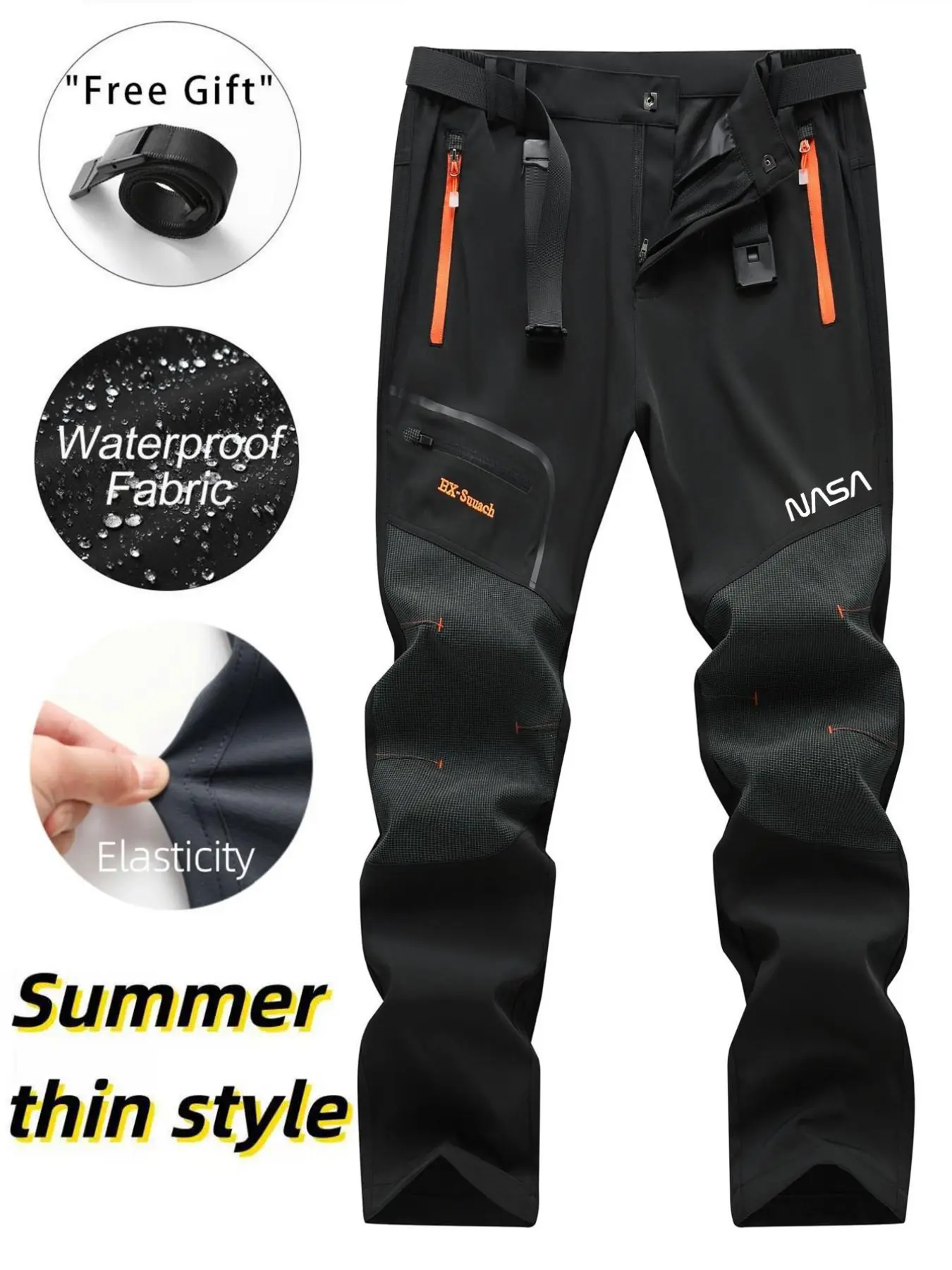 Men's Summer Outdoor Functional Fleece Pants, Athletic Slim Fit, Thin Soft Shell Waterproof Windproof, Knee Reinforced, Multiple Zip Pockets, Belt Included