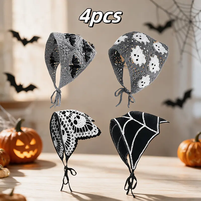 4pcs Bohemian Style Crochet Headbands with Cute Ghost, Bat, And Spider Web Patterns Halloween Headdresses