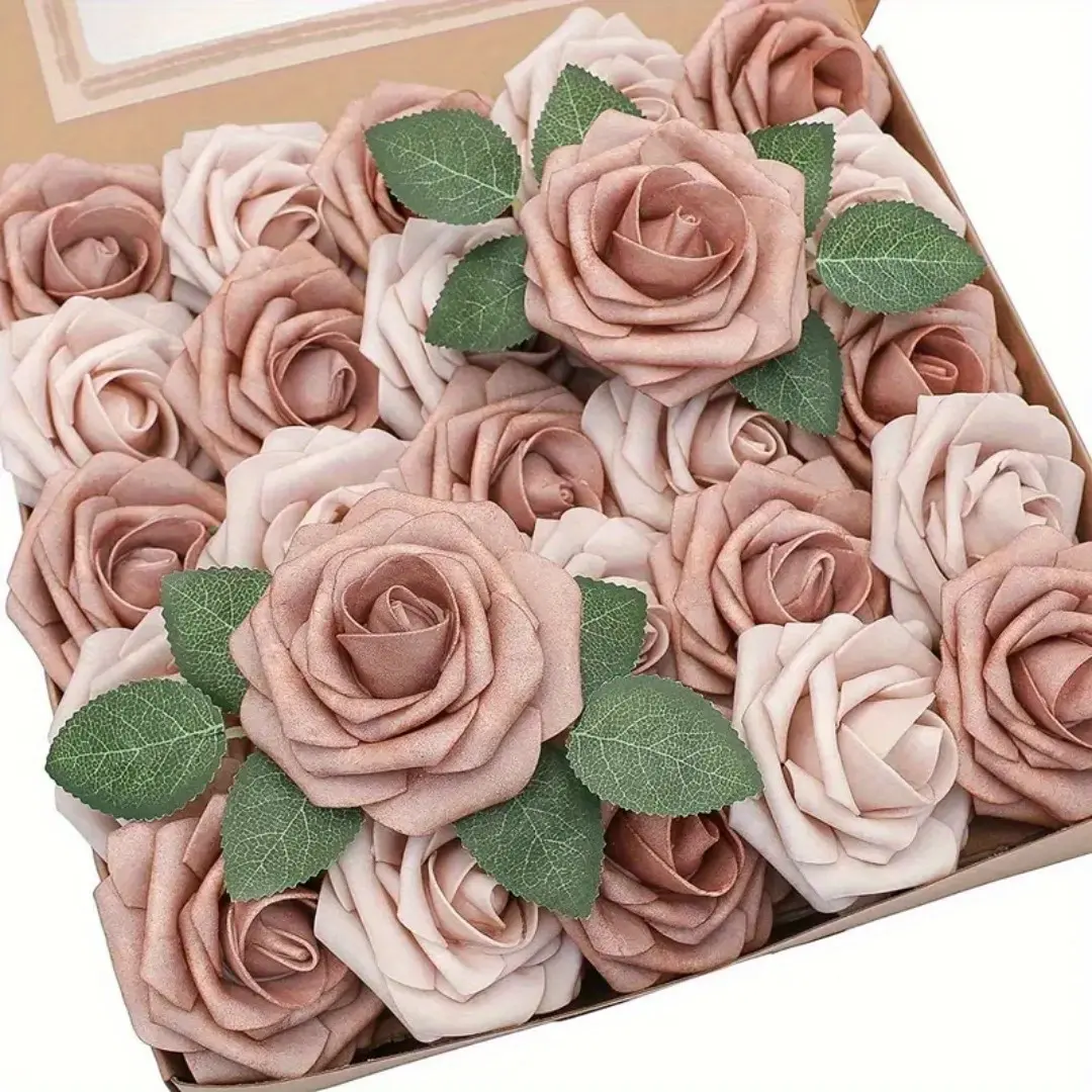 50pcs Roses + 8pcs Leaves Artificial Roses Flowers with stem Real Looking Foam Roses DIY for Wedding Arrangements Party Home Decoration Wedding Bouquets Bridal Baby Shower Floral Arrangements Party Home Office Table Decor
