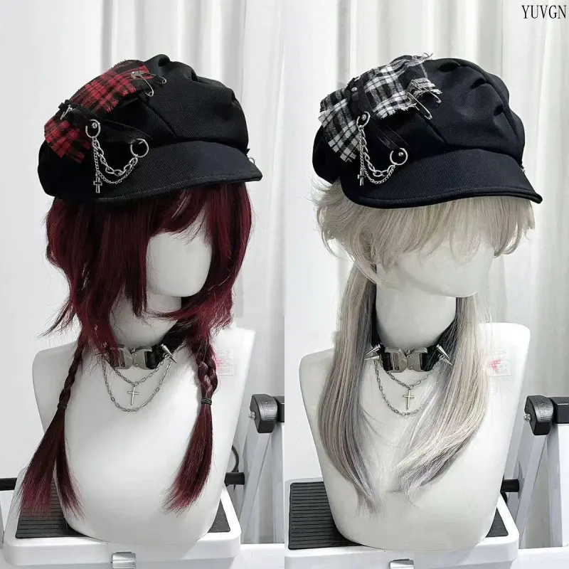 Unisex Streetwear Octagonal Shape Hat - Chain Decor Newsboy Cap, Plaid Patch, Safety Pin, Gothic Cross for Daily Outfit-Matching