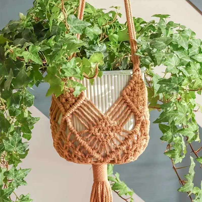 1pc Macrame Plant Hanger for Indoor/Outdoor Home Decorations, Boho Hand-Knitted Flower Pots Hangers with Patterns Suitable for Pots up to 8 Inches, Hanging Plant Basket