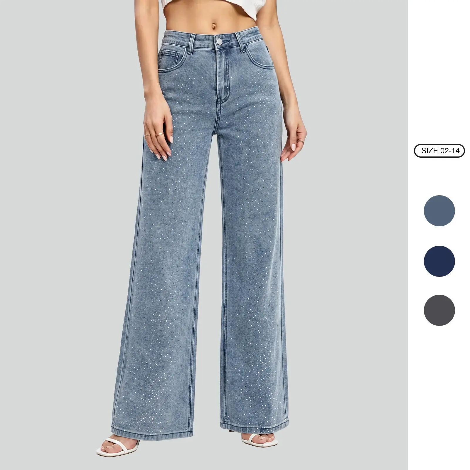 Imily Bela Women's Comfortable Crop Jeans - High-Waist Wide-Leg Stretch Denim Bottoms with Sparkling Hotfix Rhinestones, Pockets, Fashion Casual Fabric Vibe Trousers, Polyester, Vintage