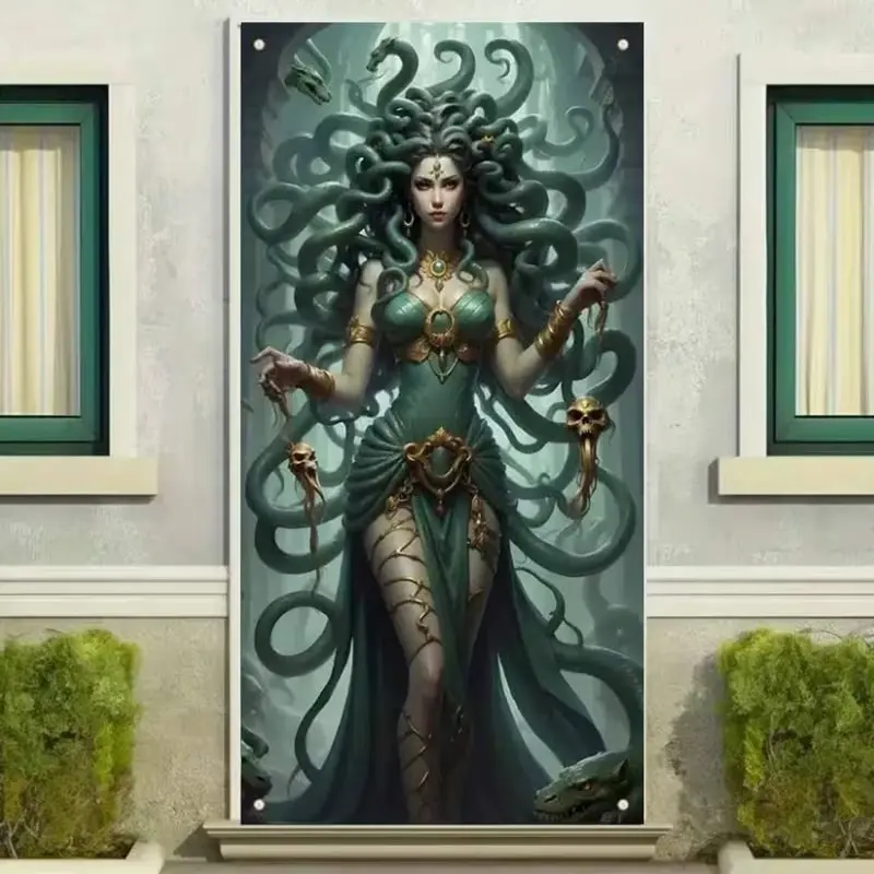 2D Door Curtain Banner, Medusa Design, Polyester, 180cmx90cm, Halloween Party Decor, Waterproof, Outdoor/indoor, Seasonal Home Decoration
