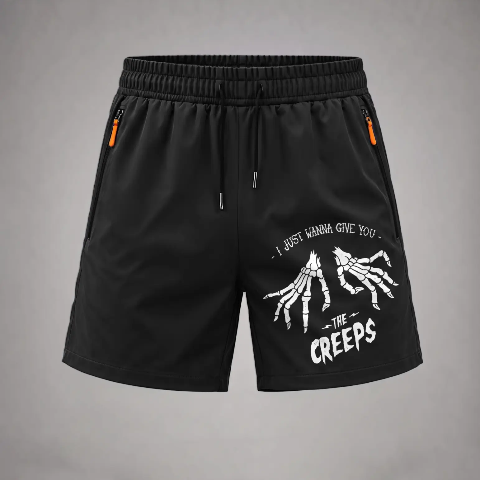 Men's Polyester Swim Shorts - Bold Skull Print, Skeleton Hand Graphic, Drawstring, Machine Washable, Athletic Fit, Trendy Street Style, Summer Beach Casual Wear, Shorts Length