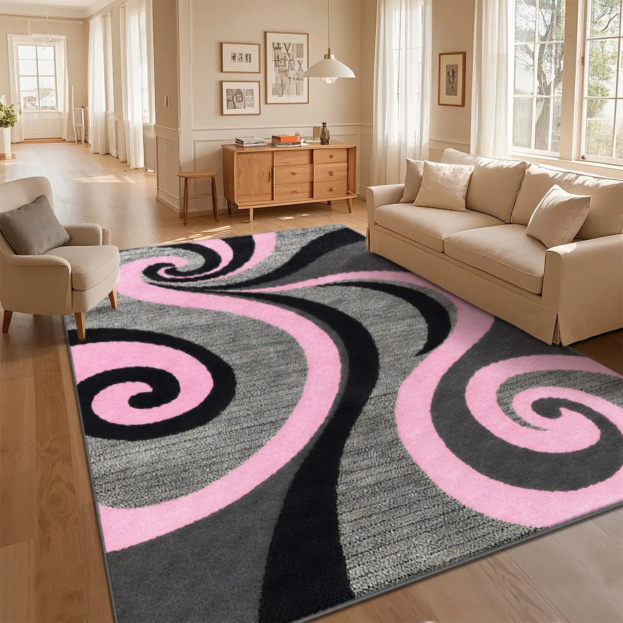 Boho Artistic Polyester Rug - 3x5ft, Washable, Non-Slip, Abstract Modern Retro Swirl Print, Indoor Use for Living Room Decor/Bedroom, with Local Delivery