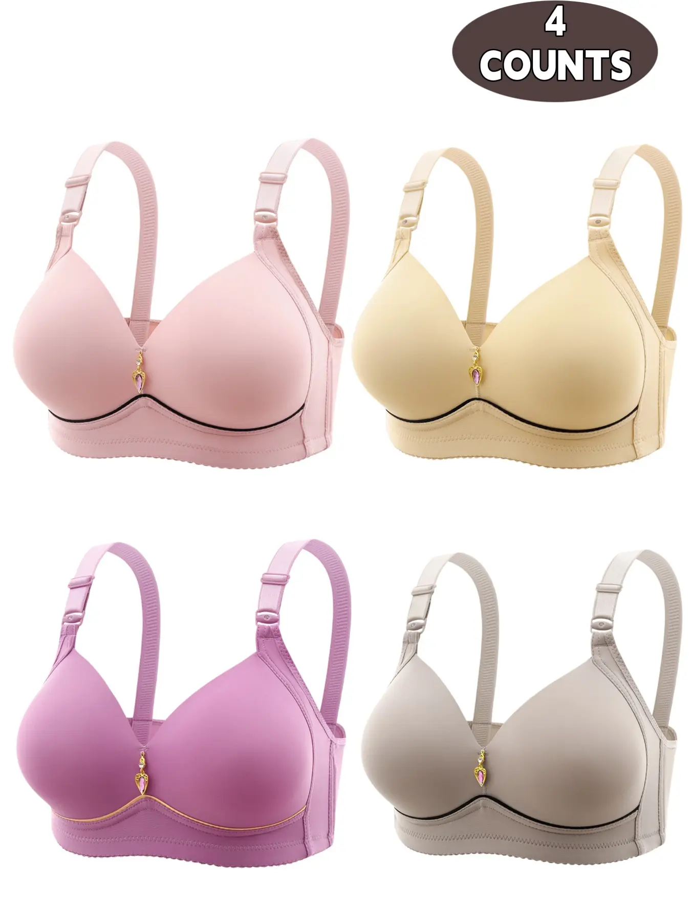 Women's Contrast Binding Push Up Bra, Soft Comfortable Breathable Wireless Everyday Bra, Women's Lingerie for All Seasons