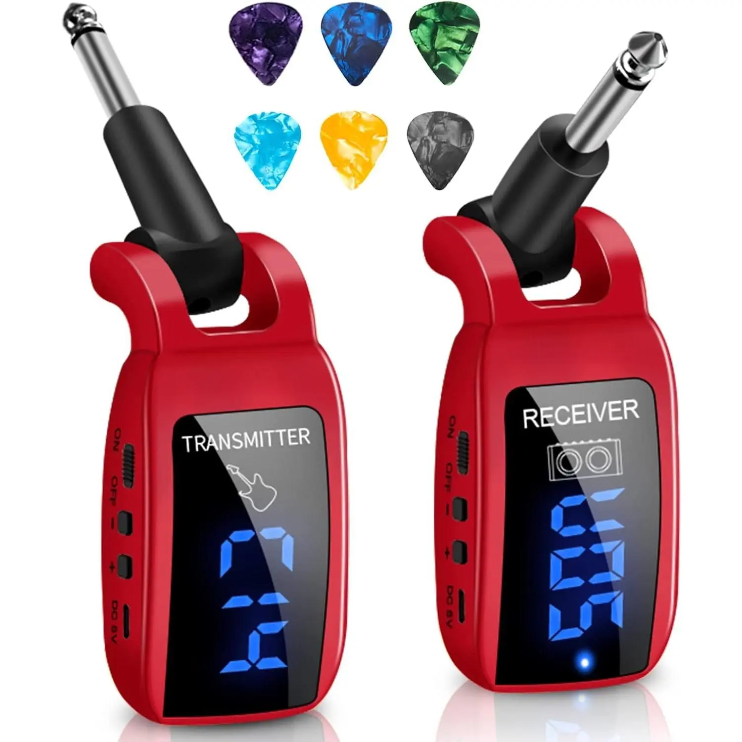 UHF Rechargeable Guitar Transmitter Receiver System with 500mAh Rechargeable Battery, 15 Channels, 50m/164ft Range, Digital Display, 280° Rotating Plug, for Electric Bass, Ideal for Concerts, Teaching, Led Screen