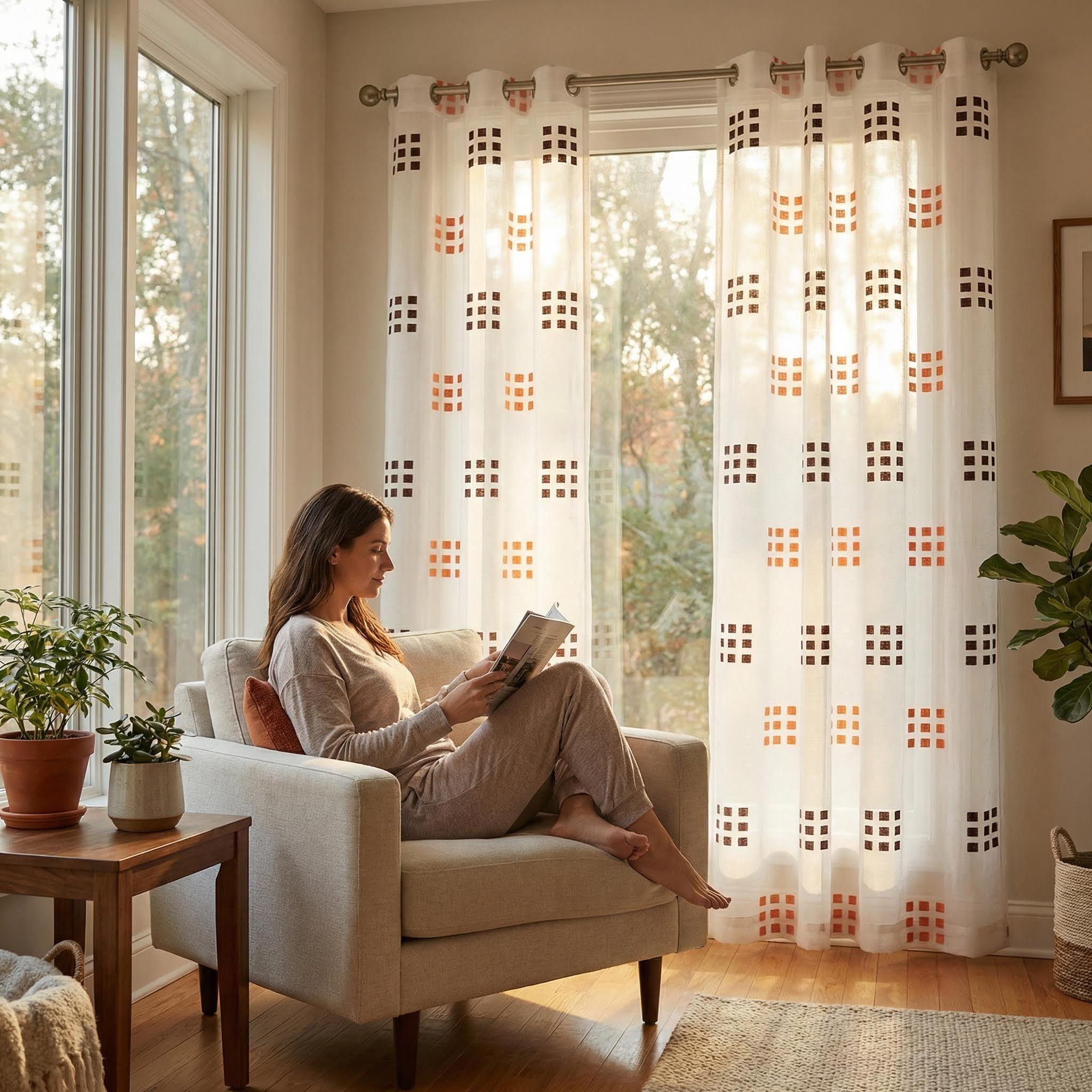 Cozy Curtain 2 Panels 52X84Inch is made of bamboo-jointed linen fabric, combined with embroidery technique, featuring a two-color nine-square pattern, with a metal ring at the head. It is easy to install, has a unique style, and is labeled as CT278.