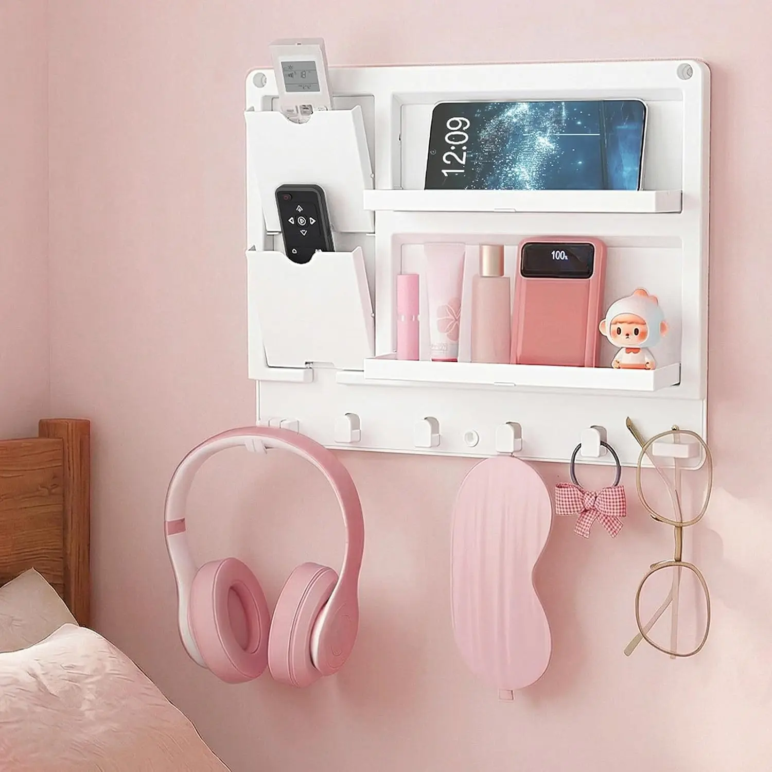 White Plastic Adhesive Mounted Bedside Shelf - Hanging Floating Pegboard Organizer with Easy Installation, Minimalist Indoor Furniture for Key, Remote, Glasses, Phone, Earbuds (Dorm & Bedroom Use)
