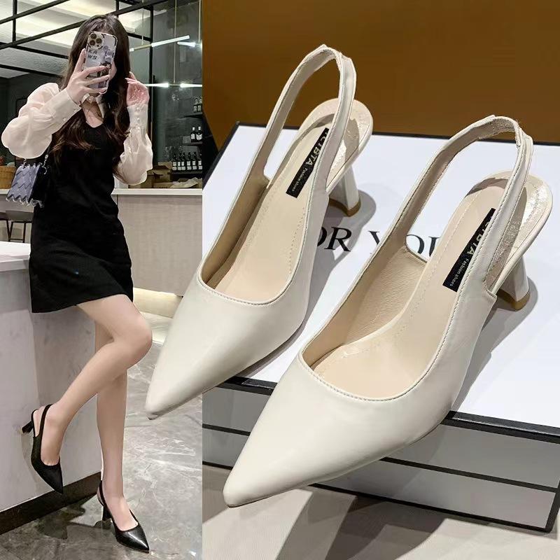 Spring Summer Womens Pointed Toe High Heels Thin Heel Closed Toe Sandals Backless Shallow Heel Single Shoes Fashion Versatile