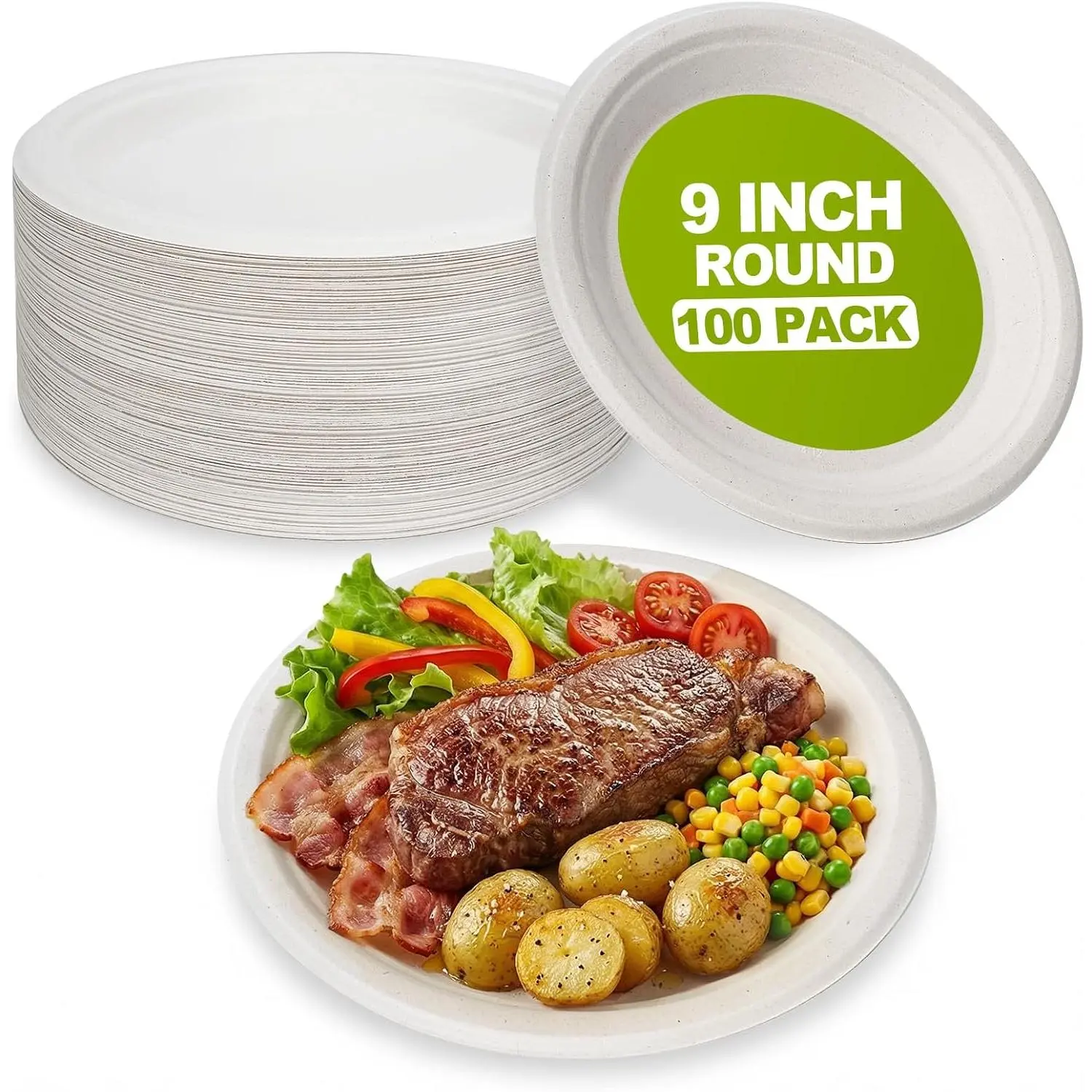 100 Pack 9 Inch Paper Plates, Heavy-Duty Dinner Plates, Cut Resistant &  Compostable Disposable Paper Plate,Leak Proof & Microwave Safe for Parties, Weddings, Catering Events