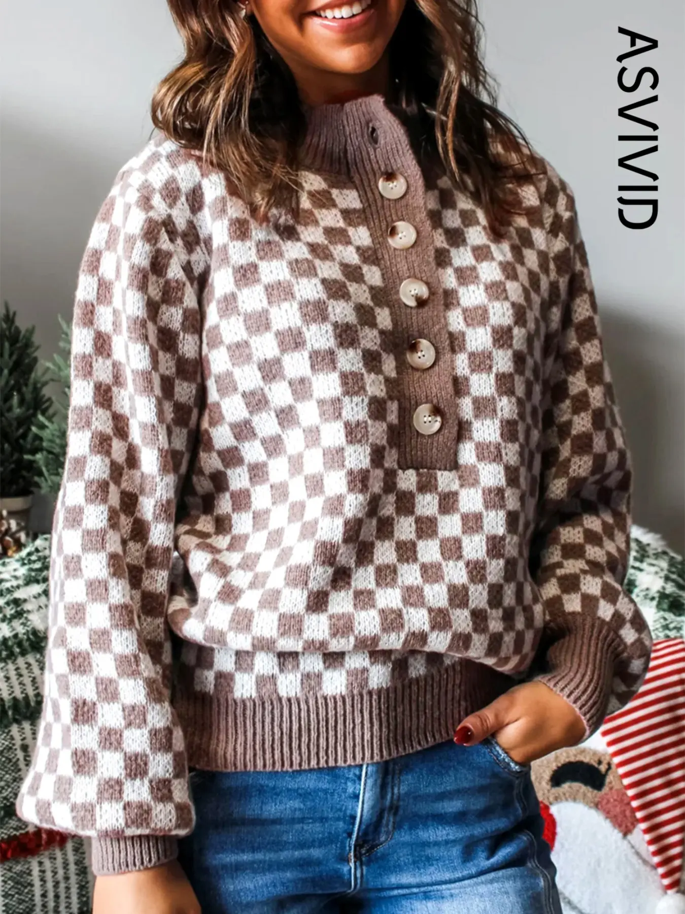 Women's Casual Half Button Ribbed Trim Checkerboard Sweater Pullover, Long Sleeve, Fall & Winter Fashion