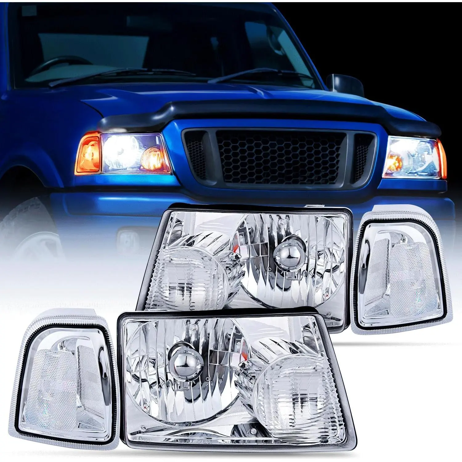 Nilight Headlight Assembly for 2001 2002 2003 2004 2005 2006 2007 2008 2009 2010 2011 Ford Ranger Replacement Headlamp Chrome Housing Clear Reflector, Chrome Finish, High-Impact