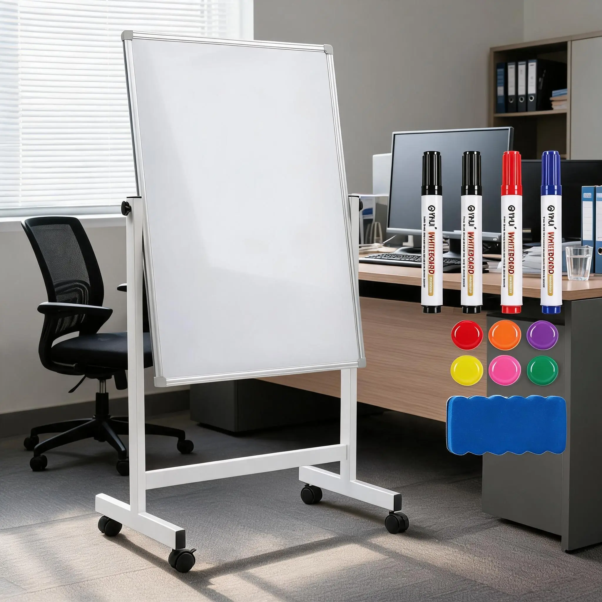 Rolling Magnetic Double-Sided Whiteboard on Wheels - 40"×28" Dry Erase Board with Mobile Stand - Turn Design for Office, Educational Space, Home - Adjustable Height