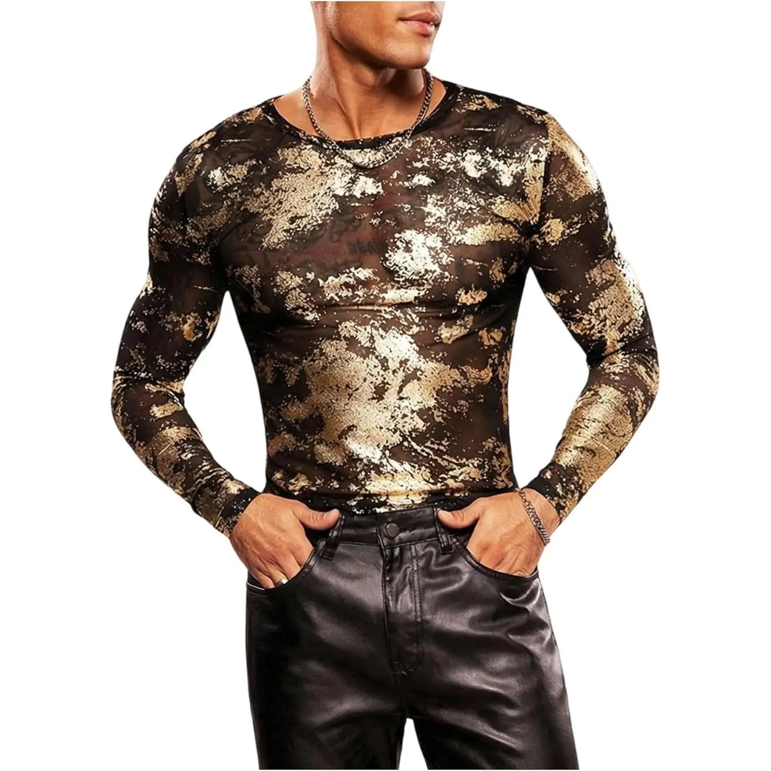 GORGLITTER Men's Crop Tops Y2K Metallic Sheer Mesh Long Sleeve Crew Neck Party Tees Shirt Concert Clubwear Going Out Tops