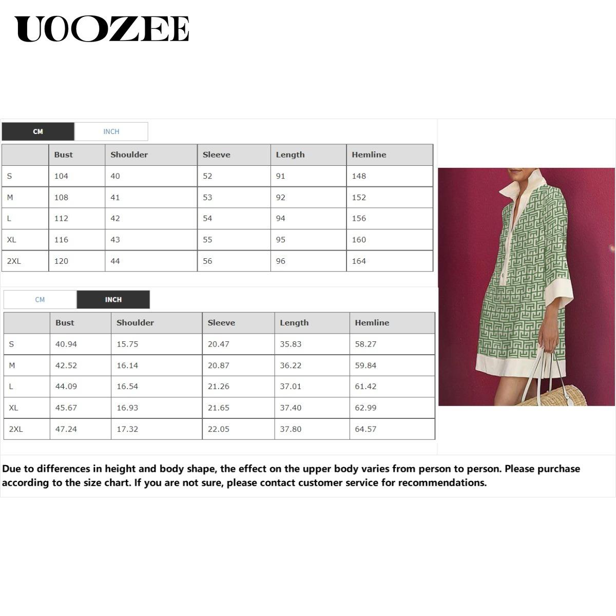 UOOZEE Women's Green Geometric Print Three-Quarter Sleeve Buttoned Collared Mini Dress Casual Summer Shirt Style Stylish Design No Stretch Cotton Blend Soft Everyday Wear Womenswear Spring