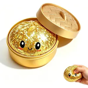Glitter Dumpling Squishy Mystery Box, Stress Relief Mystery Soft Squeeze Stress Balls, Cute Steamer Basket Design with Squeezable Bun Stress Relief Fidget Toys. (Gold Glitter)