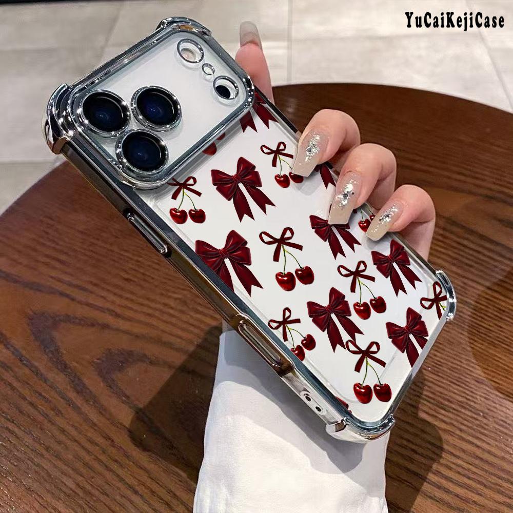 Compatible with Phone Case iPhone 17 Pro Max 16 15 Plus Air 14 13 12 11 E Cherry Bows Pattern Transparent Full Coverage Four Corners Anti-drop Casing