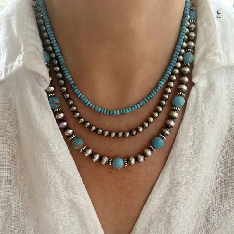 3-Piece Turquoise Beaded Necklace Set With Vintage Tin Beads, Multi-Layer Stackable Neck Accessory For Women, Lightweight Decorative Jewelry Suitable For Daily Outfits And Holiday Small Gifts