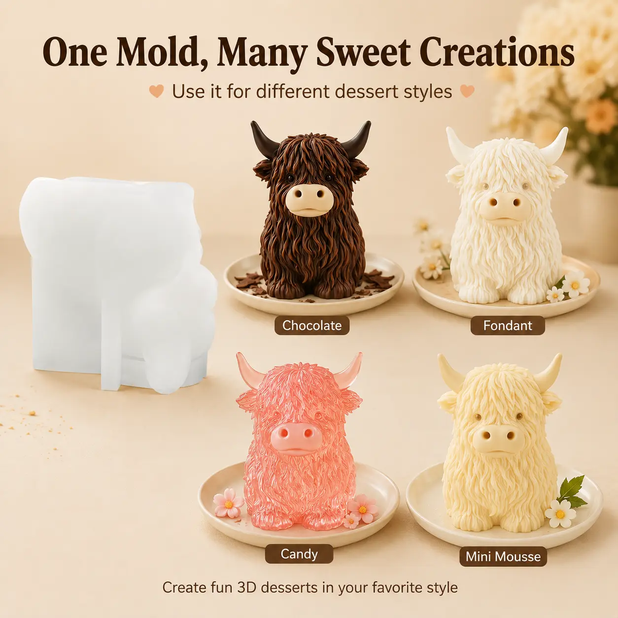 3D Highland Cow Silicone Fondant Mold, Cute Shaggy Farm Animal  Mould for Chocolate, Candy,Gypsum,Farm Birthday, Barnyard Western Party, Resin and Polymer Clay Crafts,Candle